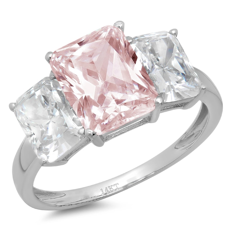 4.0 ct Emerald 3 Stone Pink Simulated Diamond Promise Bridal Wedding Engagement Classic Designer Ring Solid 14k White Gold