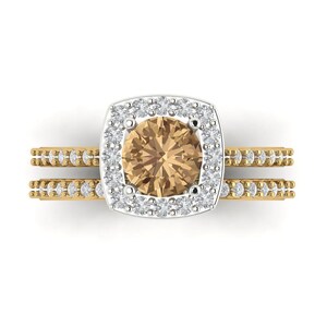 Bridal Set with Round Cut Simulated Champagne Diamond Engagement Ring and Zirconia Wedding Band, 1.495 tcw in 14K 2-Tone Gold, Anniversary