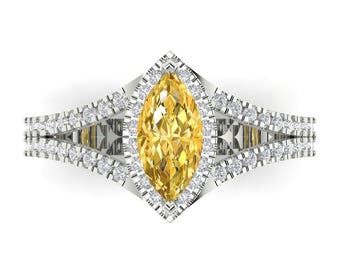 14 kt massief gouden verlovingsring voor dames - halo 1,2 cttw marquise geslepen citrien