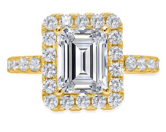 3.4 ct Brilliant Emerald Cut Conflict Free Natural Diamond  SI1-2 Color G-H Yellow Solid 14k or 18k Gold halo Solitaire with Accents Ring