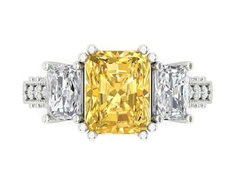 Anillo de compromiso de oro macizo de 14 quilates para mujer - Tres piedras de 4,27 quilates en total, talla esmeralda amarilla