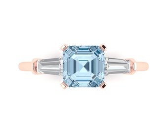 1.62 ct Brilliant Square Emerald Cut Designer Genuine Flawless Natural Sky Blue Topaz Stone 14K 18K Rose Gold Three-Stone Ring