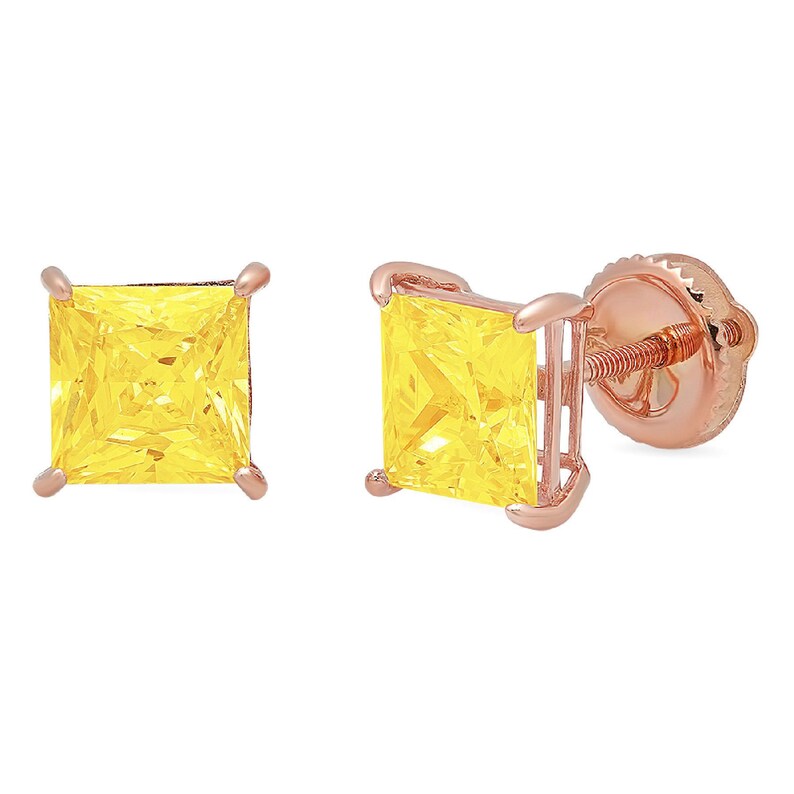 1.5 ct Brilliant Princess Cut Solitaire Studs Designer Genuine Flawless VVS1 Yellow Simulated Diamond 14K deals 18K Rose Gold Earrings Screw back