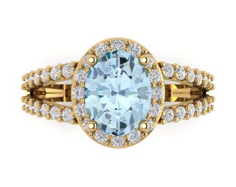 14K Solid Gold Engagement Ring for Women - Halo 2.6 cttw Oval Cut Blue