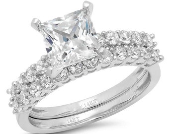 2.66 ct Brilliant Princess Cut Natural Diamond Stone Clarity VS1-2 Color I-J White Gold Solitaire with Accents Bridal Set