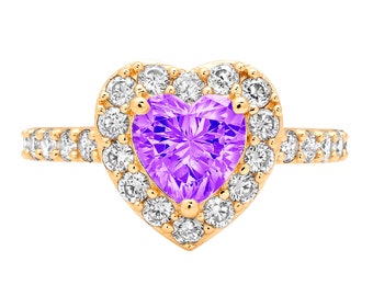 2.25 ct Heart Halo Purple Natural Amethyst VVS1 Classic Promise Bridal Wedding Engagement Classic Designer Ring Solid 14k Yellow Gold