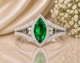 14K Solid Gold Engagement Ring for Women - Halo 1.2 cttw Marquise Cut Emerald