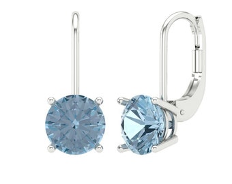 4 ct Brilliant Round Cut Drop Dangle Designer Genuine Flawless Natural Aquamarine Stone 14K 18K White Gold Earrings Lever Back