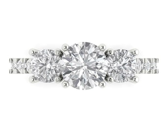 Anillo de compromiso de oro macizo de 14 quilates para mujer - Tres piedras de 1,97 quilates de talla redonda transparente