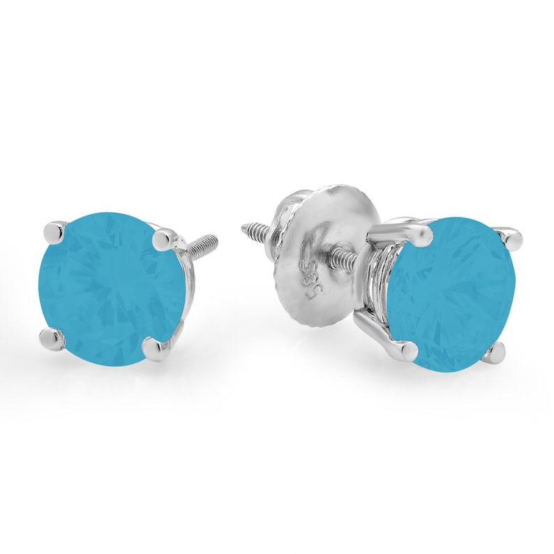 3 ct Brilliant Round Cut Solitaire Studs Designer Genuine Flawless VVS1 Simulated Turquoise 14K 18K White Gold Earrings Screw back
