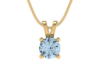 0.5 ct Brilliant Round Cut Solitaire Designer Genuine Flawless Natural Aquamarine Stone 14K 18K Yellow Gold Pendant with 16" Chain