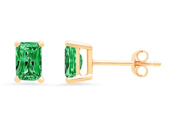 2.0ct Emerald Brilliant Cut Ideal VVS1 Deep Green  Emerald CZ Bridal Anniversary Stud Earrings 14k Solid Yellow Gold Push Back