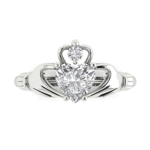 Claddagh Ring, Gold Claddagh Ring,Promise Ring Claddagh, 1.55 ct Heart Cut Irish Celtic Claddagh Promise Ring in Solid 14k White Gold