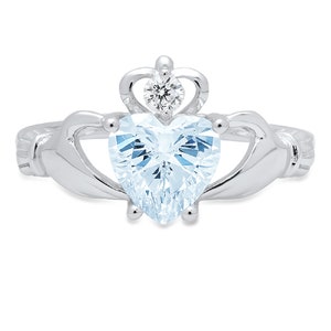 1.55 Irish Celtic Claddagh Aquamarine Blue Simulated Diamond Classic Promise Wedding Engagement Classic Designer Ring Solid 14k White Gold image 1