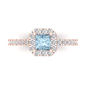 1.23 ct Brilliant Princess Cut Natural Aquamarine Rose Gold Halo Solitaire with Accents Engagement Ring, March Birthstone