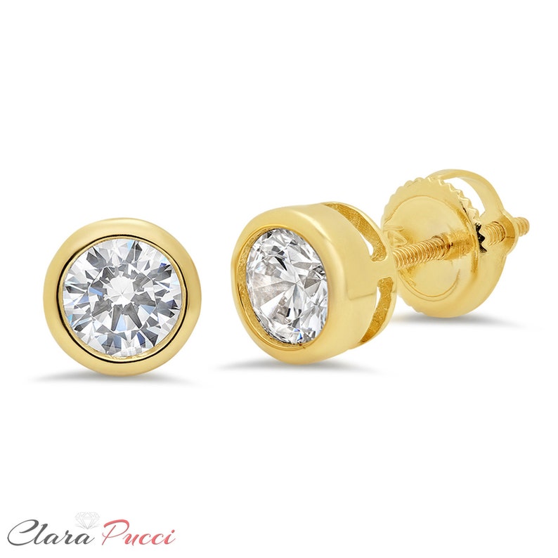 1.0 ct Simulated Diamond Solitaire Bezel Set Stud Earrings Round Cut 14k Yellow Gold Screw Back Wedding Earring Earring Wedding Gold Stud