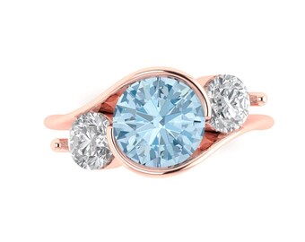 3.5 ct Brilliant Round Cut Natural Aquamarine Sterling Silver Rose Gold Plated Three-Stone Ring