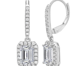 6.9 ct Brilliant Emerald Cut Halo Drop Dangle Conflict Free Natural Diamond SI1-2 Color I-J White Solid 14k or 18k Gold Earrings Lever Back