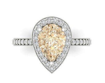 2.36 ct Brilliant Pear Cut Natural Morganite Stone White Gold Halo Solitaire with Accents Ring