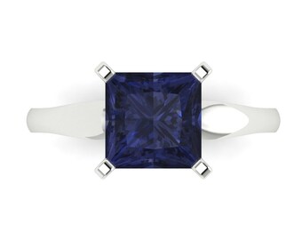 2.5 ct Brilliant Princess Cut Simulated Blue Sapphire Sterling Silver White Gold Plated Solitaire Ring