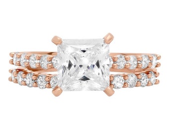 2.66 ct Brilliant Princess Cut Natural Diamond Stone Clarity VS1-2 Color I-J Rose Gold Solitaire with Accents Bridal Set