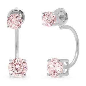 3.2ct Dual Drop 2 stone Round Brilliant Cut Pink Simulated Diamond Earrings Solid 14k White Gold Anniversary Birthday Bridal Gift image 2