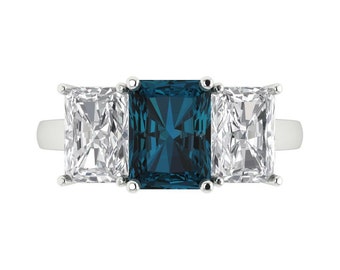 4 ct Brilliant Emerald Cut Natural London Blue Topaz Sterling Silver White Gold Plated Three-Stone Ring