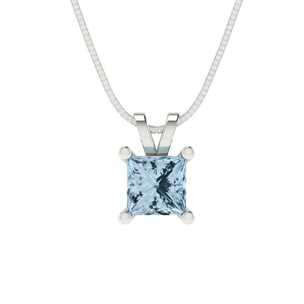 2.5 ct Brilliant Princess Cut Genuine Solitaire Natural Swiss Blue Topaz Gemstone Real Solid 18K 14K  White Gold Pendant with 18" Chain