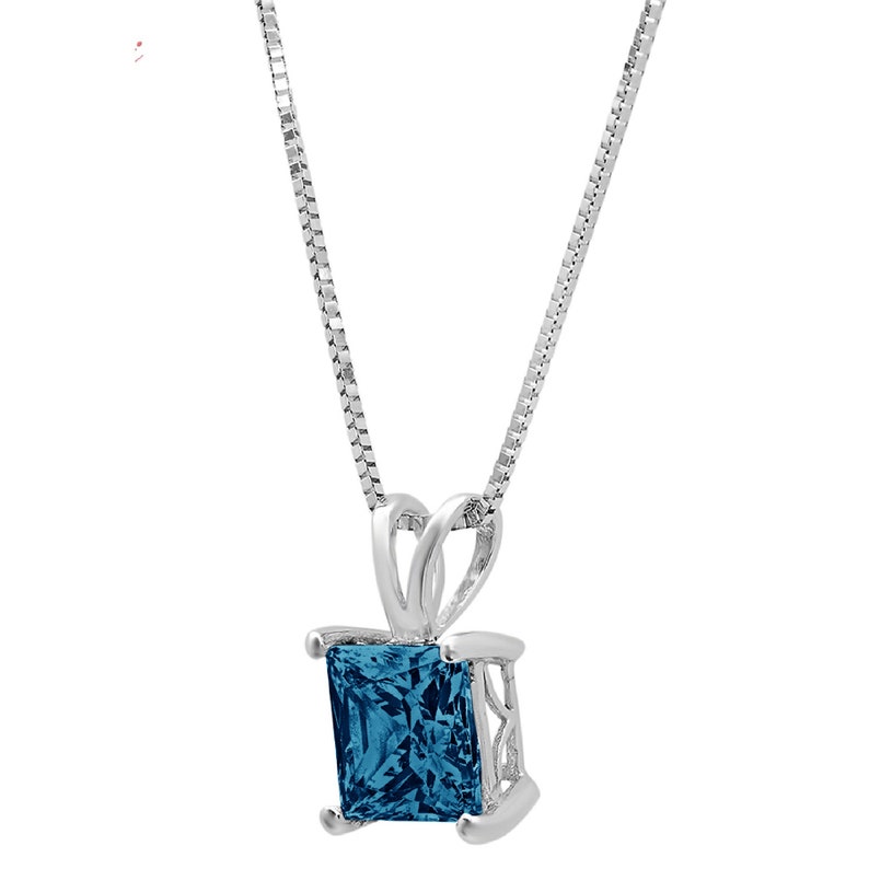3.0 ct Princess Brilliant Cut Ideal VVS1 Blue Simulated Diamond Pendant Necklace Bridal Anniversary 16 chain 14k Solid White Gold