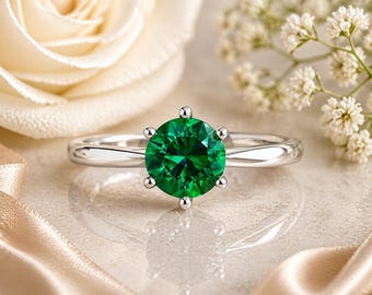 14K Solid Gold Engagement Ring for Women - Solitaire  1 cttw Round Cut Emerald