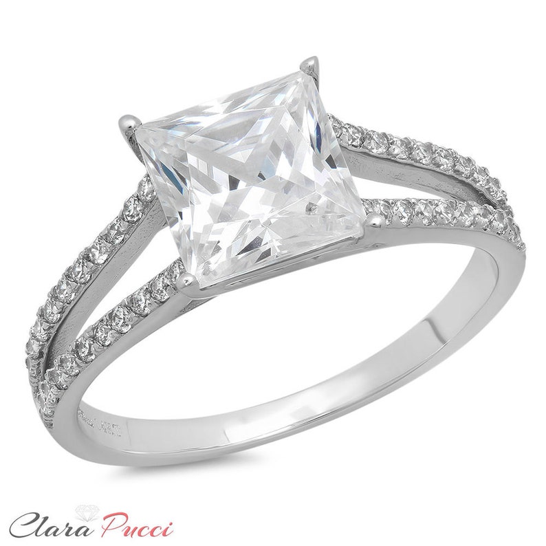 Bridal Pave Ring Pave Wedding Ring 1.62ct Princess Cut Pave Simulated Engagement Bridal Halo Rings Band 14k White Gold Wedding Ring Pave