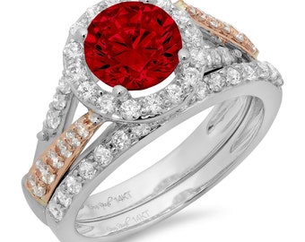 1.9 ct Brilliant Round Cut Designer Genuine Flawless Natural Garnet 14K 18K White Rose Gold Halo Solitaire with Accents Bridal Set