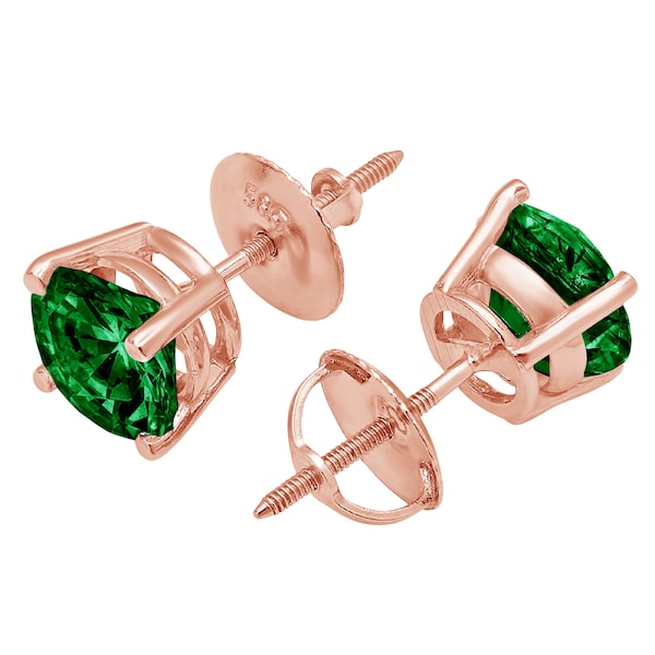 1.50 ct Round Brilliant Cut Solitaire Deep Green  Emerald CZ VVS1 Stud Earrings Solid 14k Rose Gold Anniversary Birthday Bridal Gift