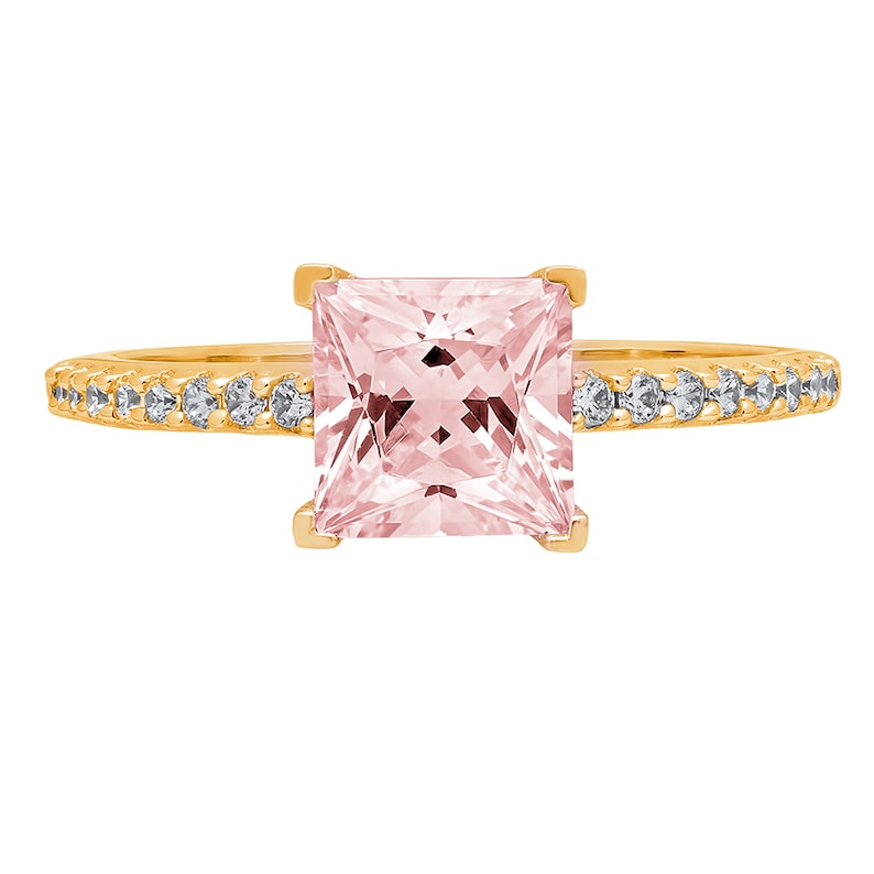 1.66 ct Princess Cut Pink Simulated Diamond Promise Bridal Wedding Engagement Classic Designer Ring Solid 14k Yellow Gold