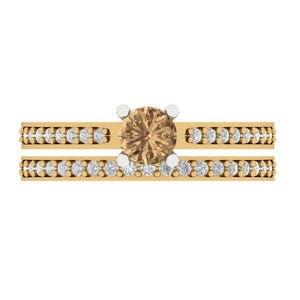 Bridal Set with Round Cut Simulated Champagne Diamond Engagement Ring and Zirconia Wedding Band, 0.86 tcw in 14K 2-Tone Gold, Anniversary
