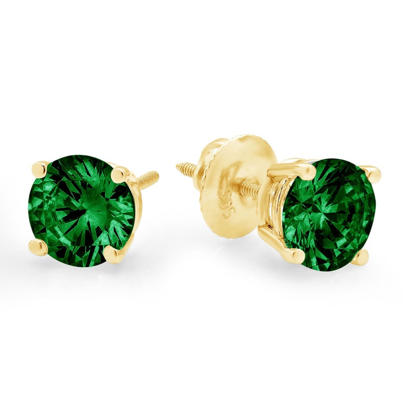 2 ct Brilliant Round Cut Solitaire Studs Designer Genuine Flawless VVS1 Simulated Emerald 14K 18K Yellow Gold Earrings Screw back