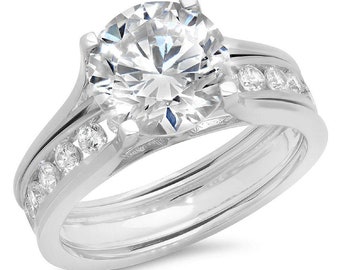 2.89 ct Brilliant Round Cut Conflict Free Natural Diamond SI1-2  I-J White Solid 14k or 18k Gold Solitaire with Accents Bridal Set