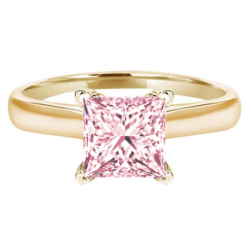 1.0 ct Princess Cut Pink Simulated Diamond Classic Wedding Engagement Bridal Promise Designer Ring Solid 14k Yellow Gold