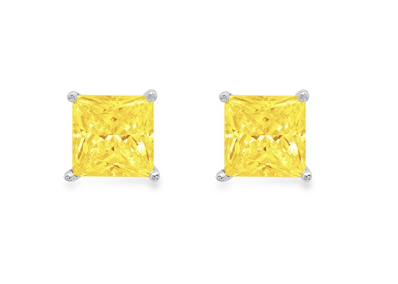 3 ct Brilliant Princess Cut Solitaire Studs Designer Genuine Flawless VVS1 Yellow Simulated Diamond 14K 18K White Gold Earrings Push Back