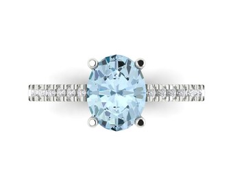 2.71 ct Brilliant Oval Cut Designer Genuine Flawless Natural Aquamarine Stone 14K 18K White Gold Solitaire with Accents Ring