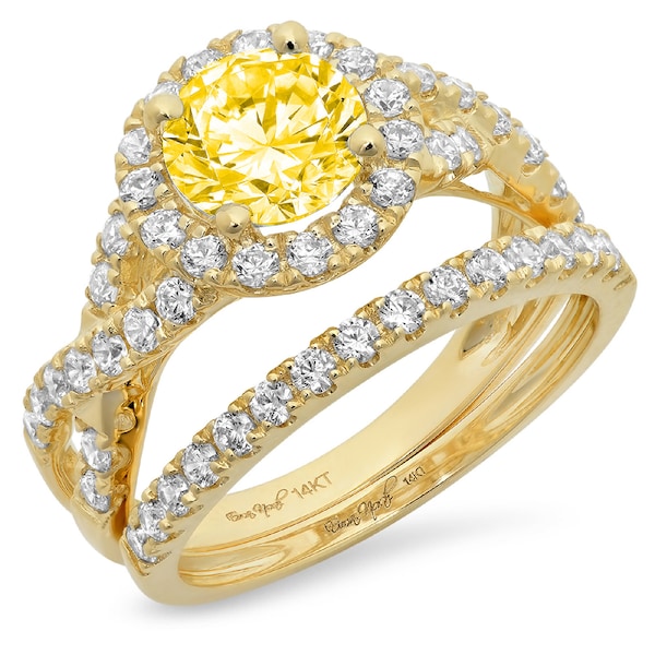 2.4ct Round Cut Halo Canary Yellow Simulated Diamond Designer Promise Engagement Wedding Bridal Ring Band set 14k Yellow Gold