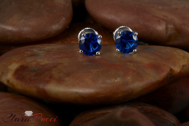 Earrings Blue Blue Earrings Blue Stone Stud Earrings 2.0 CTW Round Cut Blue Stud Earrings in Solid 14k Real White Gold Screw Back Blue
