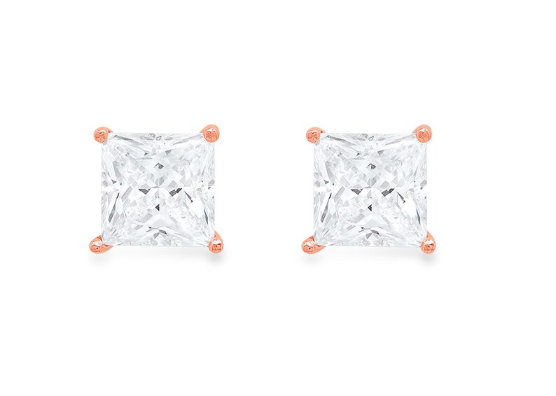 1.50ct Princess Brilliant Cut Ideal VVS1 Created White Sapphire Bridal Anniversary Stud Earrings 14k Solid Rose Gold Push Back