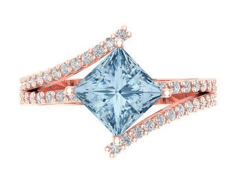 2.49 ct Brilliant Princess Cut Blue Simulated Diamond Sterling Silver Rose Gold Plated Solitaire with Accents Ring