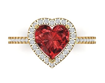 2.27 ct Brilliant Heart Cut Natural Garnet Sterling Silver Yellow Gold Plated Halo Solitaire with Accents Ring