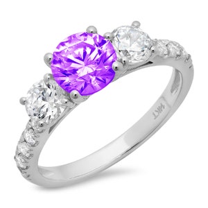 2 ct Round Cut 3 stone Purple Natural Amethyst VVS1 Promise Bridal Wedding Engagement Classic Designer Ring Solid 14k White Gold