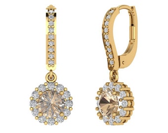 5.54 ct Brilliant Round Cut Halo Drop Dangle Genuine Yellow Moissanite StoneYellow Gold Earrings Lever Back