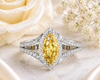 14K Solid Gold Split-Shank Engagement Ring for Women - Halo 1.2 cttw Marquise Cut Citrine