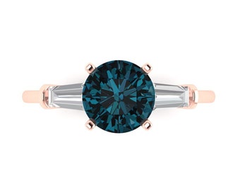 2.0 ct Brilliant Round Cut Natural London Blue Topaz Sterling Silver Rose Gold Plated Three-Stone Ring