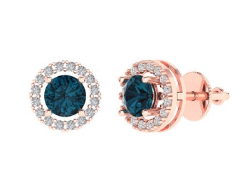 1.6 ct Brilliant Round Cut Halo Studs  Designer Genuine Flawless Natural London Blue Topaz 14K 18K Rose Gold Earrings Screw back